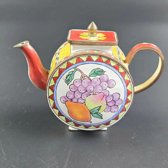 Miniature Enameled Teapot – Fruits Design – 3.5" Tall - Picture 3 of 12